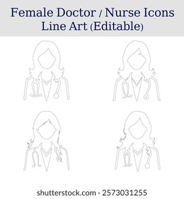 Minimalist line art icons of female doctors. Clean and professional medical illustrations. Stylized healthcare icons in a grid layout. 
