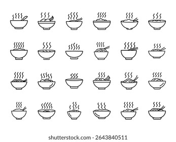 Minimalist Line Art Icons of Hot Noodle and Rice Bowls with Chopsticks and Steam on White Background – Perfect for Food, Restaurant, and Asian Cuisine Design Themes