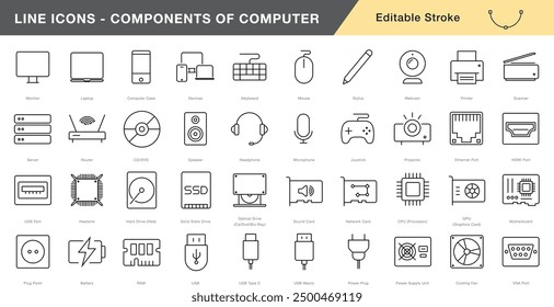 Minimalist Line Art Icons Representing Various Computer Hardware Components