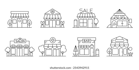 Iconos de arte de línea minimalista para Pequeños negocios minoristas. Tienda en línea, mercado, salón, farmacia, quiosco