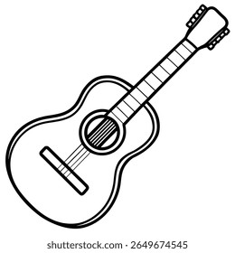 Uma ilustração de arte em linha minimalista de um violão em preto e branco. 