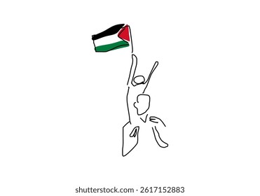 Minimalist line art illustration of an adult and child holding hands while waving the Palestinian flag.
