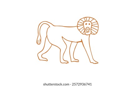 Minimalist line art illustration of a baboon in orange, showcasing its unique mane and tail, perfect for creative projects