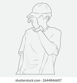 Minimalist line art illustration of a boy wearing a baseball cap and t-shirt, covering his face. Ideal for youth fashion, anonymity, or urban design concepts.