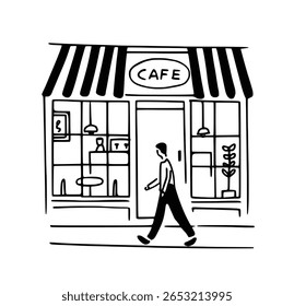 Uma ilustração de arte em linha minimalista de uma loja de café com um toldo e grandes janelas. Simples desenho preto e branco de um edifício da cafeteria.