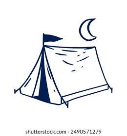 Minimalist line art illustration of a camping tent under a crescent moon. Ideal for outdoor and adventure themes.