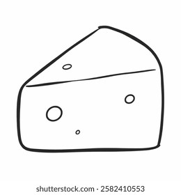 A minimalist line art illustration of a cheese wedge, ideal for coloring book, farm to table designs, dairy themed branding, and food icons.