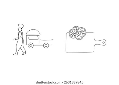 Ilustração minimalista da arte da linha do chef preparando fatias de citros para a apresentação culinária