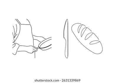 Minimalist line art illustration of a chef cooking with bread and knife on white