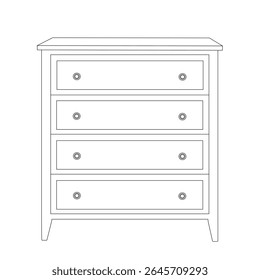 Minimalistische lijnkunst illustratie van een klassieke vier-lade dressoir of ladekast. Ideaal voor meubels, slaapkamer of home decor ontwerpconcepten.