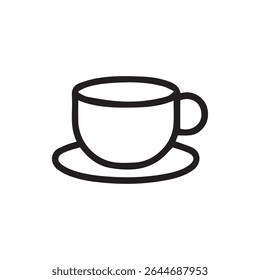 A minimalist line art illustration of a coffee cup and saucer perfect for designs related to beverages and breakfast.