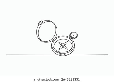 A minimalist line art illustration of a compass, open and lying on a surface. The single-line drawing style creates a clean and modern aesthetic, perfect for travel, adventure, or navigation concepts.