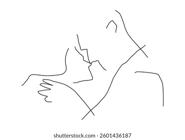 minimalist line art illustration of a couple embracing and kissing, symbolizing love, romance, and deep emotional connection.