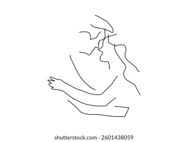 minimalist line art illustration of a couple embracing and kissing, symbolizing love, romance, and deep emotional connection.