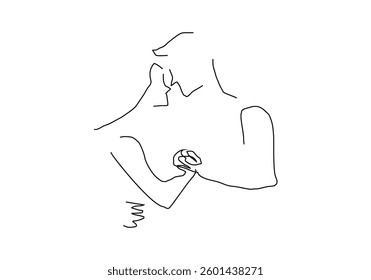 minimalist line art illustration of a couple embracing and kissing, symbolizing love, romance, and deep emotional connection.
