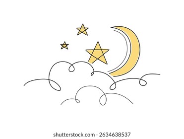 A minimalist line art illustration of a crescent moon and three stars above soft clouds