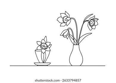 Minimalist line art illustration of daffodil flowers in a vase and a small planter