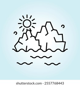 A minimalist line art illustration depicting a melting iceberg under a sunny sky.  Represents climate change