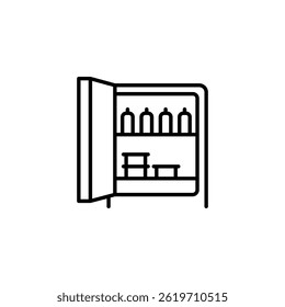 Minimalist line art illustration depicting an open refrigerator symbol