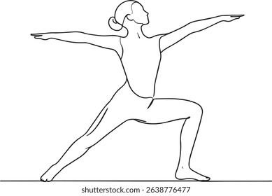 A minimalist line art illustration depicting a woman in an aesthetic and elegant yoga pose. The lines are fine, smooth, and serene. The balanced posture, arms extended, and body aligned, conveys calm.