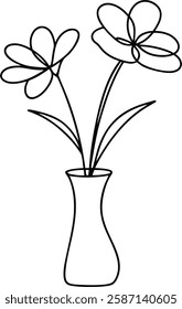 A minimalist line art illustration depicts two stylized flowers in a simple vase. Black lines on white background create a clean, elegant aesthetic. The flowers are abstract, yet easily recognizable.