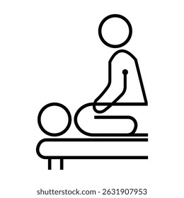 A minimalist line art illustration depicts a therapist performing a massage on a client lying on a table. The style is simple and symbolic.