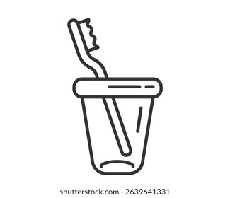 A minimalist line art illustration depicts a toothbrush in a glass. Symbolizes oral hygiene, health, and daily routines. Ideal for dental, wellness, or lifestyle content.
