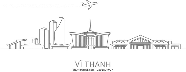 A minimalist line art illustration depicts the Vi Thanh city skyline with an airplane in flight.