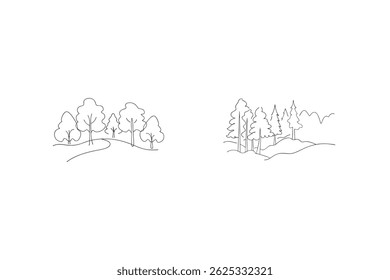 Minimalist Line Art Illustration Of Different Types Of Trees And Landscape