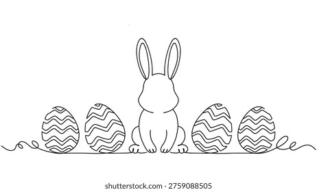 Minimalist line art illustration of an Easter bunny sitting between decorated Easter eggs, with decorative swirls. Simple, clean, and festive.