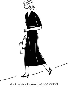 Minimalist line art illustration of an elegant woman walking. Vector drawing of a female character in a long dress carrying a tote bag.