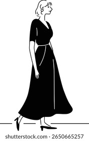 Ilustração minimalista da arte da linha de uma mulher elegante em um vestido preto longo. Desenho vetorial de uma graciosa personagem feminina andando ou de pé.