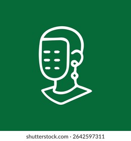 A minimalist line art illustration of a face with a mask and earring, set against a deep forest green background for a striking contrast.
