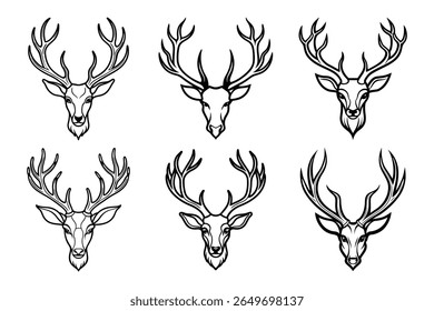 A minimalist line art illustration features a stylized deer head with elegant antlers, presented cleanly on a white background, perfect for branding or decorative use.