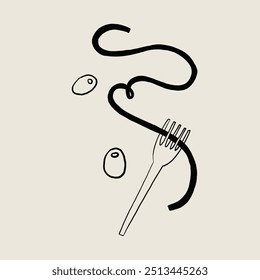 A minimalist line art illustration featuring pasta and a fork with olives on a simple background, conveying simplicity and culinary art