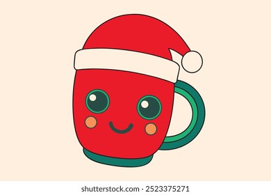 A minimalist line art illustration featuring a Christmas mug adorned with a red Santa hat. The mug is designed in green with a simple yet festive color palette, perfect for holiday-themed designs, gre