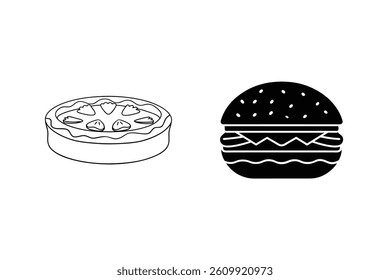 Minimalist Line Art Illustration Featuring Burger And Pie Outline Icons