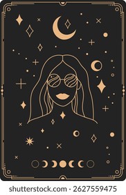 Minimalist line art illustration featuring a woman in sunglasses, surrounded by celestial elements like the moon, stars, and planets, evoking a mystical tarot card vibe