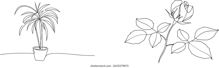 Ilustração de arte de linha minimalista com uma planta em vaso e delicado broto de rosa