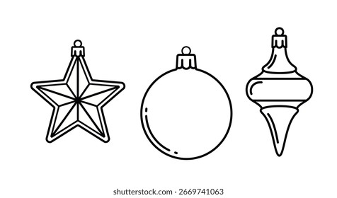 Minimalist line art illustration featuring three elegant Christmas ornaments: a star, a ball, and a teardrop shape. These stylish decorations are perfect for adding a festive touch to your holiday