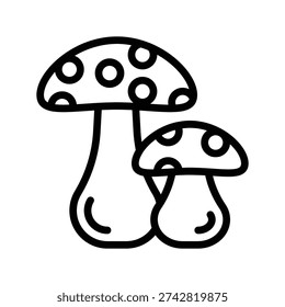 A minimalist line art illustration featuring two stylized mushrooms, one larger than the other, with dotted caps. Vegetables single line icon.