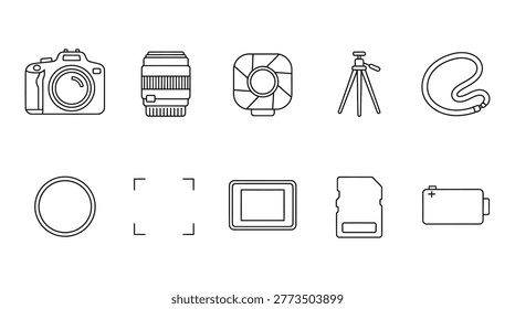 Minimalist line art illustration featuring essential photography and tech gadgets including camera, drone, hard drive, and smartphones. Ideal for business, marketing, technology, and creative design projects.