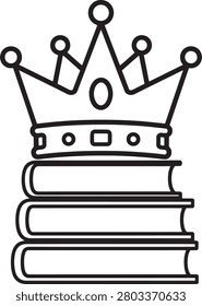 A minimalist line art illustration featuring a royal crown resting on a stack of three books, symbolizing wisdom, academic achievement, literary authority, and the pursuit of higher education.