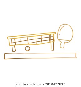 A minimalist line art illustration featuring a ping pong paddle, a ball, and a net on a table surface.
