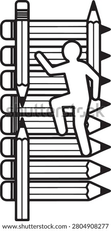 A minimalist line art illustration featuring a person climbing a ladder constructed from pencils, symbolizing academic achievement, personal development, creative growth, and the pursuit of knowledge through education.