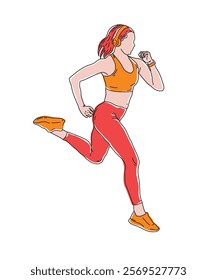 Minimalist line art illustration of a female jogger in motion, The hand-drawn style and vibrant colors create a modern and dynamic feel. Ideal for fitness, health, and lifestyle theme design.