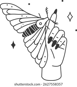 Minimalist line art illustration of a female hand with long black nails holding a large moth with patterned wings, creating a mystical and elegant atmosphere