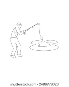 A minimalist line art illustration of a fisherman, skillfully capturing the essence of the figure with fluid lines and graceful curves, evoking a sense of tranquility and connection to nature.