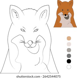 A minimalist line art illustration of a fox's face, designed as a coloring page. It includes a small colored reference and a palette guide to help with coloring.