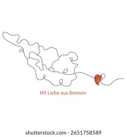 Minimalist line art illustration of the German city-state Bremen with a red heart. Hand-drawn black lines on a white background. Includes German phrase With love from Bremen.
